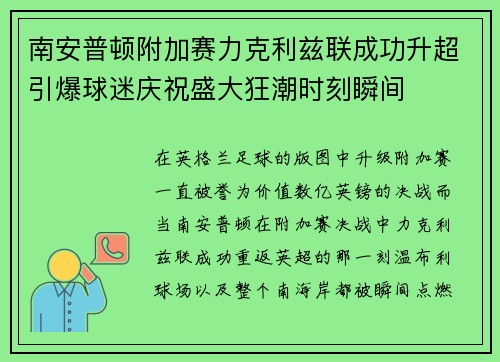 南安普顿附加赛力克利兹联成功升超引爆球迷庆祝盛大狂潮时刻瞬间
